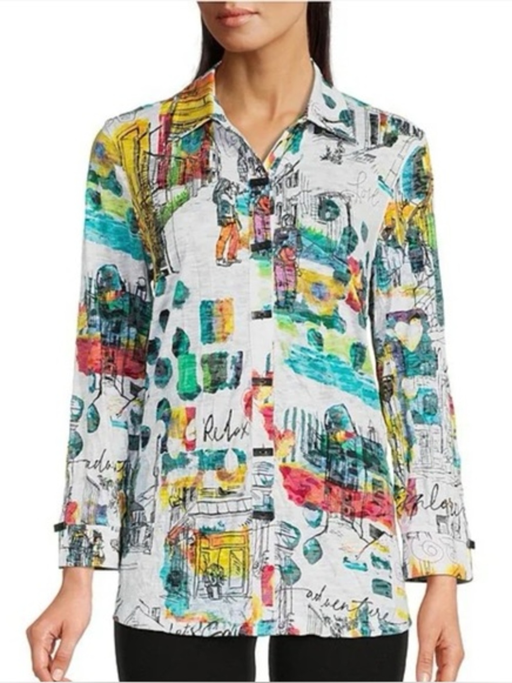 Ali‎ Miles button-down tunic vibrant city graphic art print